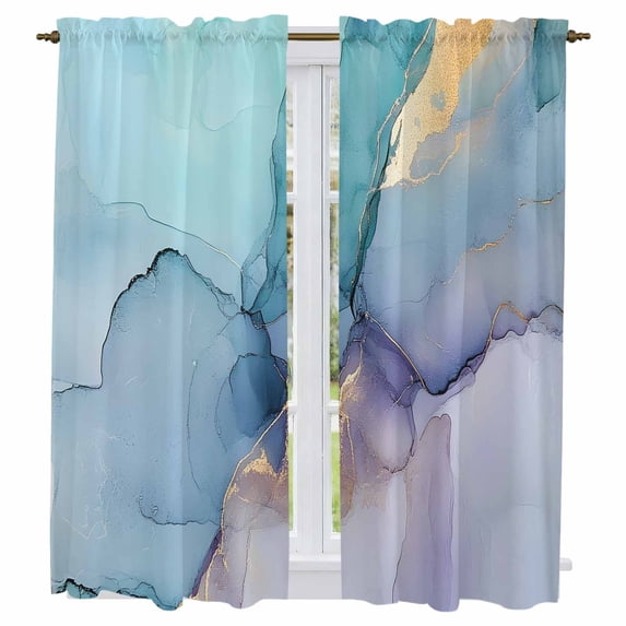 Teal Purple Marble Kitchen Curtains, Modern Abstract Ink Painting Art Luxury Light Filtering Window Curtain Panels, 2Pcs Rod Pocket Window Treatments Set for Living Room Bathroom Bedroom 42x63 Inches