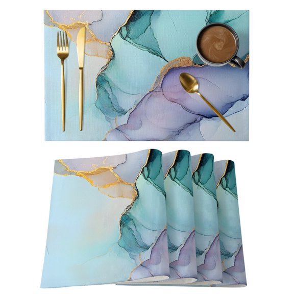 Teal Purple Marble Placemats Set of 2, Cotton Linen Fabric Place Mats, Modern Abstract Luxury Ink Painting Washable Decorative Table Mats Protector for Home Kitchen Dining Wedding Party Coffee Tables