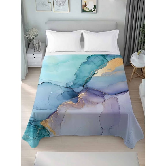 Teal Purple Marble Queen Size Flat Sheet, Wrinkleproof & Fadeproof Cooling Flat Bed Sheet Only, Modern Abstract Ink Painting Art Luxury Breathable Soft Bedding Top Sheets 90 x 102 Inches