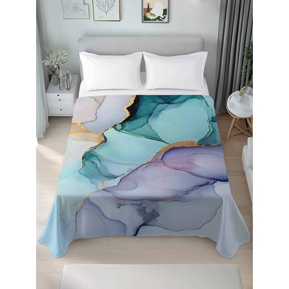 Teal Purple Marble Queen Size Flat Sheet, Wrinkleproof & Fadeproof Cooling Flat Bed Sheet Only, Modern Abstract Luxury Ink Painting Breathable Soft Bedding Top Sheets 90 x 102 Inches