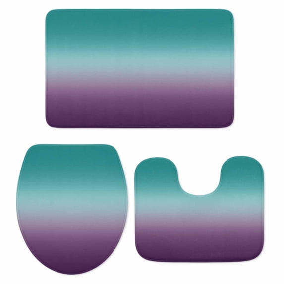 Teal Purple Ombre Bath Mat 3 Piece Bathroom Rug Set, Turquoise Gradient Modern Abstract Art Non Slip Bath Rug Contour Mat and Toilet Lid Cover, Absorbent Shower Mats Soft Bath Rugs and Mats Sets