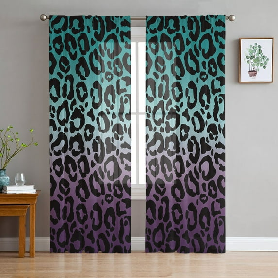 Teal Purple Ombre Leopard Sheer Curtains 96 Inches Long 2 Panels Set, Window Sheer Curtains for Living Room/Bedroom, Modern Abstract Art Aesthetics Light Filtering Rod Pocket Curtain 52'' x 96'' x 2