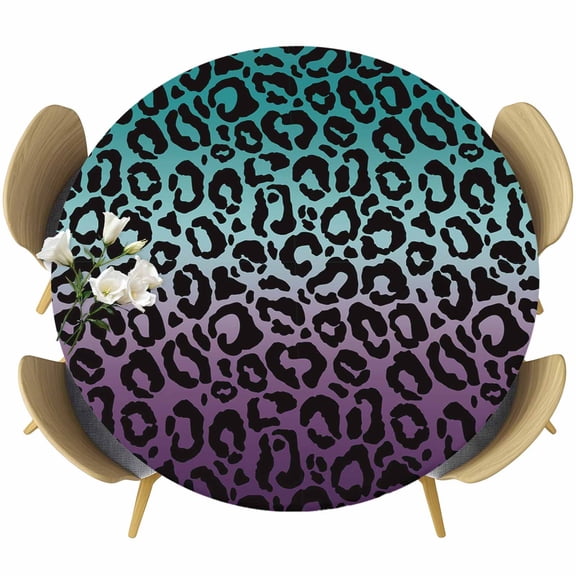 Teal Purple Ombre Leopard Table Cloth, Round Fitted Tablecloths with Elastic Edge, Modern Abstract Art Aesthetics Wipeable Waterproof Table Cover for Kitchen Wedding 36-44 Inches