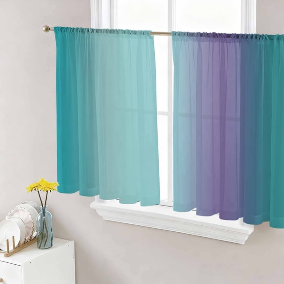 Teal Purple Ombre Sheer Curtains 45 Inch Length 2 Panels Set, Modern Art Abstract Aesthetics Voile Window Treatment Rod Pocket Small Kitchen Curtains Drapes for Bedroom 52"x45"x2