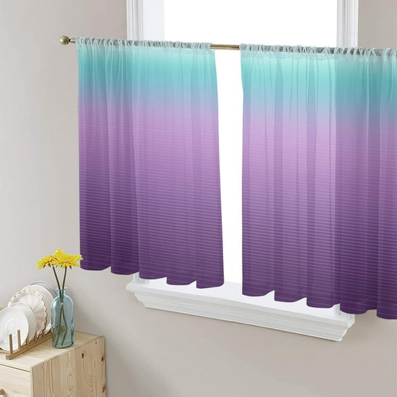 Teal Purple Ombre Sheer Curtains 54 Inches Length 2 Panels Set, Window Sheer Curtains for Living Room/Bedroom, Modern Geometric Striped Abstract Art Light Filtering Rod Pocket Curtain 52'' x 54'' x 2