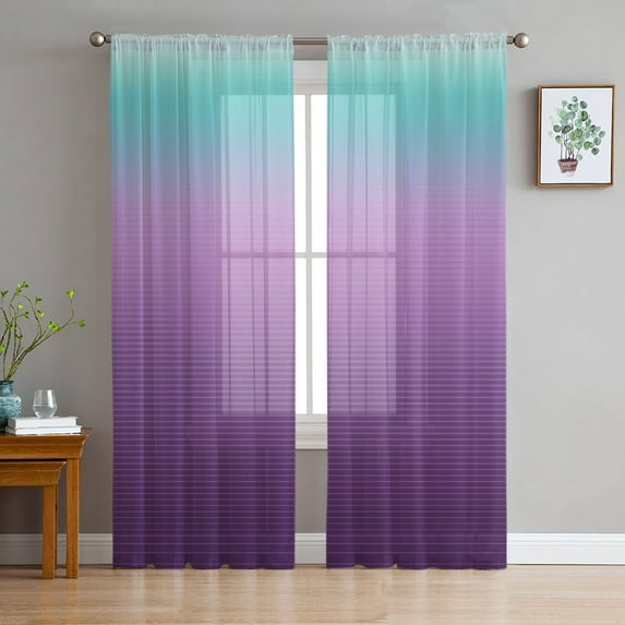 Teal Purple Ombre Sheer Curtains 84 Inch Length 2 Panels Set for Living Room/Bedroom, Modern Geometric Striped Abstract Art Curtain Sheers Drapes Rod Pocket Curtains Window Treatment Set 52''x84''x2