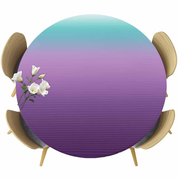 Teal Purple Ombre Table Cloth, Round Fitted Tablecloths with Elastic Edge, Modern Geometric Striped Abstract Art Wipeable Waterproof Table Cover for Kitchen Wedding 55-60 Inches