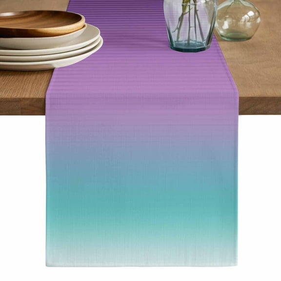 Teal Purple Ombre Table Runner, Modern Geometric Striped Abstract Art Washable Cotton Linen Table Runners 36 Inches Long, Dresser Scarf Runner for Nightstand/End Tables/Round Tables 13''x36''