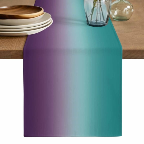 Teal Purple Ombre Table Runner, Turquoise Gradient Modern Abstract Art Washable Cotton Linen Table Runners 36 Inches Long, Dresser Scarf Runner for Nightstand/End Tables/Round Tables 13''x36''