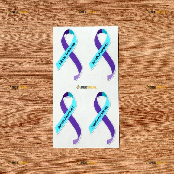 Teal Purple Ribbon Suicide Awareness Decal Sticker Vinyl - 4 Pack Glossy, 2 Inches