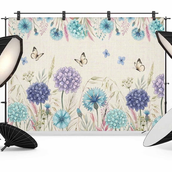 Teal Purple Thistle Backdrop for Photography, Summer Watercolor Floral Butterfly Linen Texture Photo Backdrop Portrait Background Party Banner Photo Backgrounds for Studio Booth Props, 10x8ft
