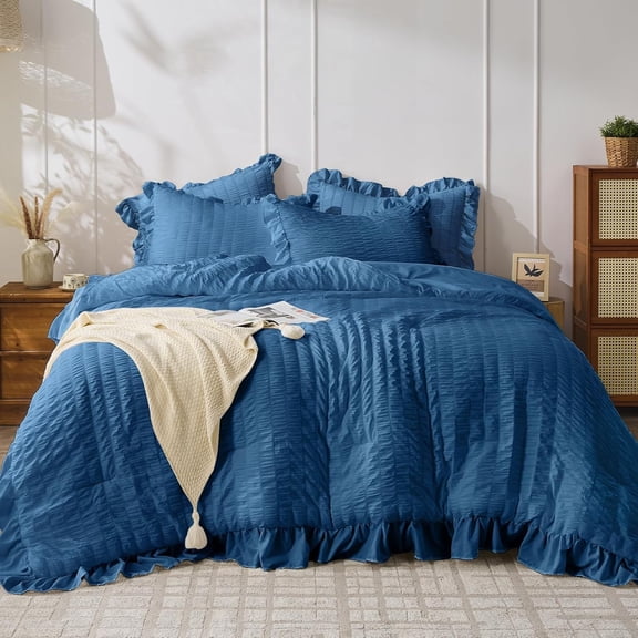 Teal Queen Comforter Set, 3 Pieces Seersucker Comforters Queen Size, Lightweight & Fluffy Bedding Sets Queen for All Season with 1 Ruffle Comforter and 2 Ruffle Pillowshams