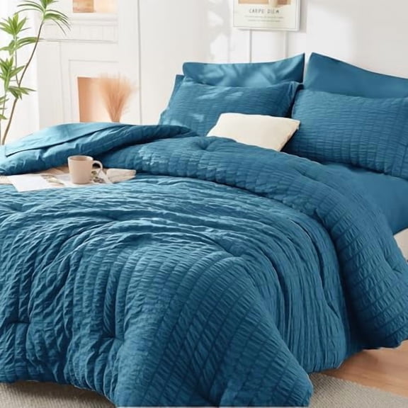 Teal Queen Comforter Set Seersucker 7 Pieces, All Season Luxury Bed in a Bag for Bedroom, Bedding Set with Comforters, Sheets, Pillowcases & Shams