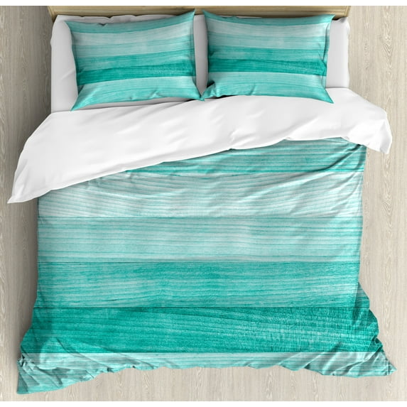 Teal Queen Size Duvet Cover Set, Painted Wood Board with Horizontal Lines Birthdays Easter Holiday Print Backdrop Image, Decorative 3 Piece Bedding Set with 2 Pillow Shams, Turquoise, by Ambesonne
