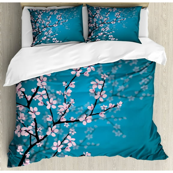 Teal Queen Size Duvet Cover Set, Pink Blossoms Art Leaves and Plants Ombre Spring Japanese Sakura Flowers in Garden Park, Decorative 3 Piece Bedding Set with 2 Pillow Shams, Teal Pink, by Ambesonne
