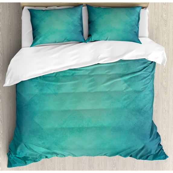 Teal Queen Size Duvet Cover Set, Retro Inspired Grunge Style Abstract Pattern Vintage Design Calming Color Scheme, Decorative 3 Piece Bedding Set with 2 Pillow Shams, Turquoise Blue, by Ambesonne