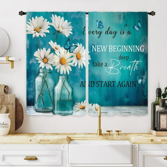 Teal Quotes Daisy Kitchen Curtains 2 Panels 27.5W x 39H Rod Pocket Motivational Blue Flower Floral Inspirational Plant Small Short Door Decor Laundry Window Drapery Treatment