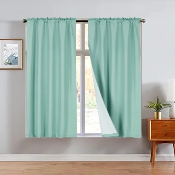 Teal R64- 2pc set solid matte smooth foam backing lined light filtering up to 65% blackout window curtain panel treatment drape rod pocket top in size 37"w x63" long each pc
