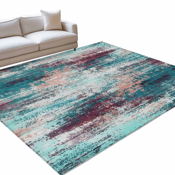 Teal Red 6x9ft Non Slip Area Rug Abstract Smoky Texture Distressed Mottled Ink Art Washable Soft Area Rugs for Living Room, Indoor Circle Carpet for Bedroom Dining Room Kitchen