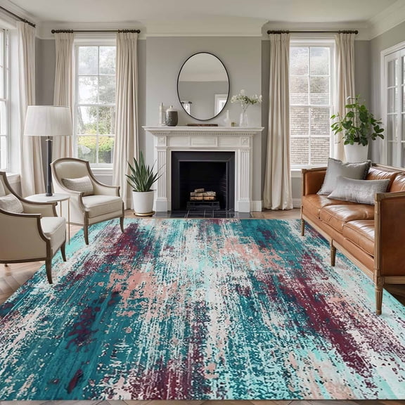Teal Red 8x10 Area Rugs for Living Room, Abstract Smoky Texture Distressed Mottled Ink Art Non Slip Floor Mat Washable Low-Profile Indoor Carpet for Bedroom, Dining Room, Bathroom
