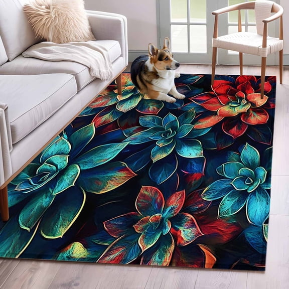 Teal Red Area Rug 4x6 Washable Rug Non Slip Abstract Vintage Botanical Large Area Rug Indoor Floor Carpet for Entryway Bedroom Kitchen Living Room Home Office Dining Room Nursery