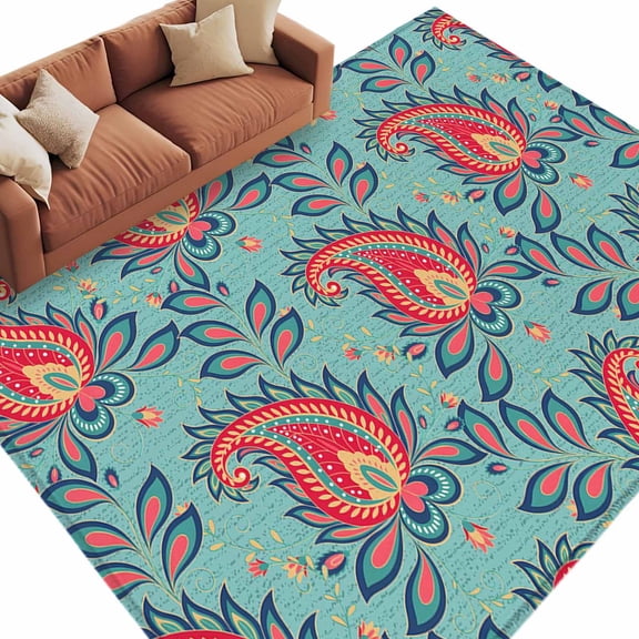 Teal Red Bandanna Area&nbsp;Rug 5x8ft Ethnic Indian Style Non-Slip&nbsp;Washable Square&nbsp;Rugs Soft Felt Indoor Floor Mat for Bedroom Kitchen Living Room Bathroom