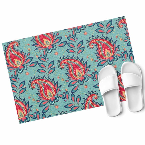 Teal Red Bandanna Door Mat Ethnic Indian Style Non Slip Absorbent Entrance Mat Washable Low Profile Indoor Doormat for Front Door Entryway Entry 16"x24"