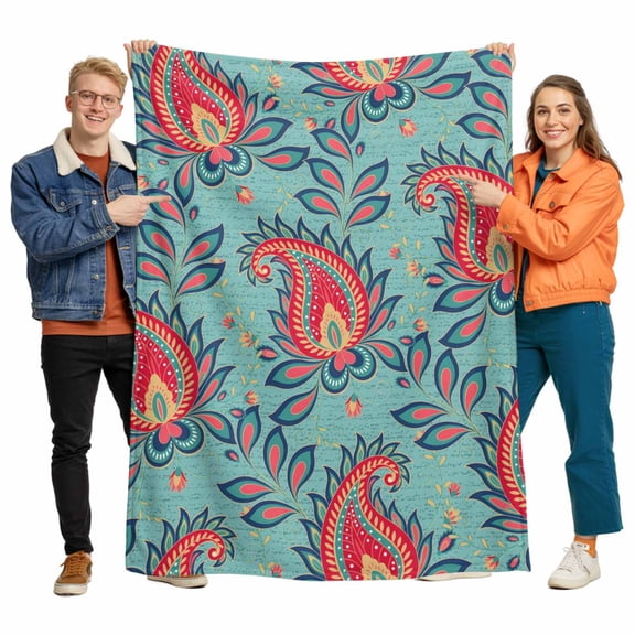 Teal Red Bandanna Flannel Blanket for Bed,Travel and Camping, Ethnic Indian Style Super Soft Cozy Blanket for All Seasons 30"x40"