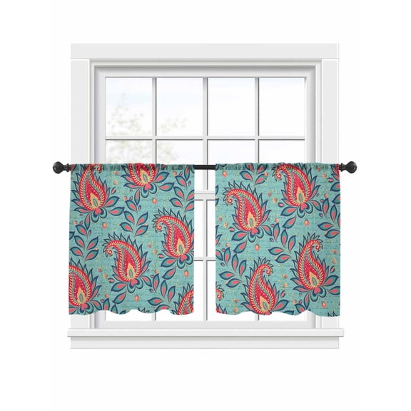 Teal Red Bandanna Sheer Curtains for Living Room Bedroom, Light-filtering Sheer Curtain, Ethnic Indian Style Light-Rod Pocket Voile Window Treatment Drapes, 52’’Wx45’’L, 2 Panels Set
