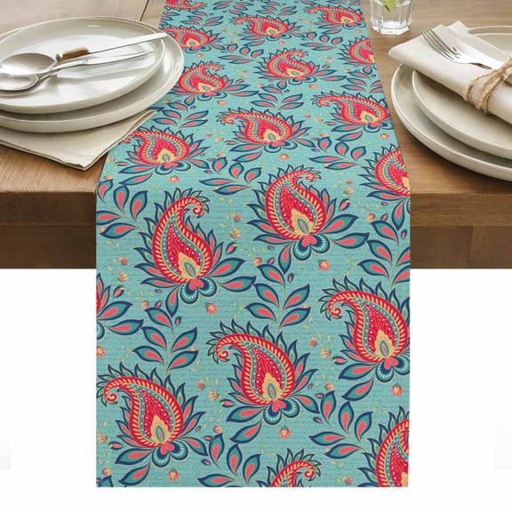 Teal Red Bandanna Table Runner 13 x 36 Inch, Ethnic Indian Style Washable Cotton Linen Dining Table Runner Tabletop Decorations for Restaurant Home Kitchen Party
