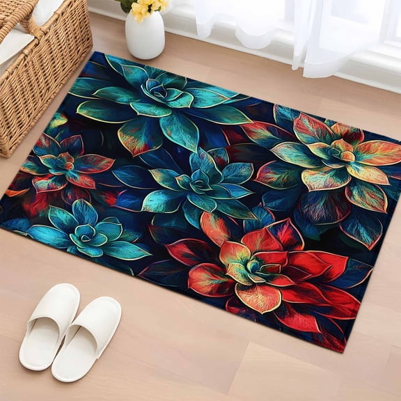 Teal Red Bathroom Rug Washable 2x3 Entryway Rug Non Slip Abstract Vintage Botanical Front Door Mat Low Pile Indoor Doormat Throw Floor Carpet for Kitchen Bedroom Entrance