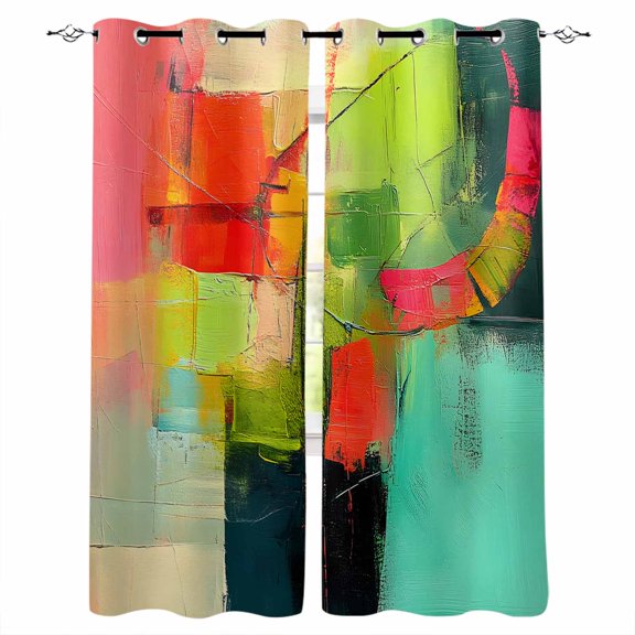 Teal Red Blackout Curtains for Bedroom/Living Room, Thermal Insulated Kitchen Curtains, Oil Painting Art Contemporary Modern Grommet Darkening Window Treatment Drapes 42"x84"x2