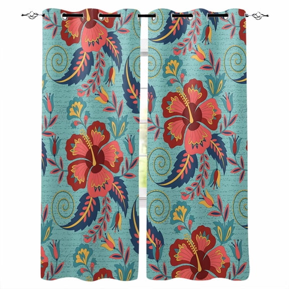 Teal Red Boho Floral Blackout Curtains for Bedroom Living Room Darkening Curtains 63 Inches Long Vintage Southwestern Ethnic Tribe Window Curtain 2 Panels Set Window Treatment Grommet Drapes 42"x63"