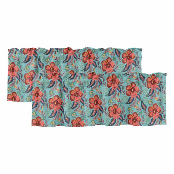 Teal Red Boho Floral Curtain Valances for Windows, Kitchen Valance Window Treatments Panel 2 Pack, Vintage Southwestern Ethnic Tribe Rod Pocket Short Curtains for Bathroom Bedroom 42 x 12 Inch