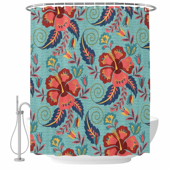 Teal Red Boho Floral Fabric Shower Curtain Vintage Abstract Flower Washable Shower Curtains for Bathroom, Waterproof Bath Curtain with Hooks Home Decor 72x72in
