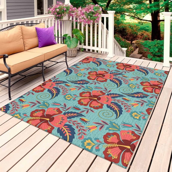 Teal Red Boho Floral Outdoor Rug for Patio/Deck/Porch, Non-Slip Large Area Rug 3 x 5 Ft, Vintage Southwestern Ethnic Tribe Indoor Outdoor Rugs Washable Area Rugs, Reversible Camping Rug Carpet Runner
