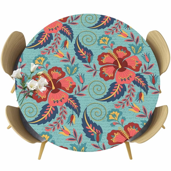 Teal Red Boho Floral Round Tablecloth, Fitted Table Cover with Elastic for 45"-54" Round Tables, Vintage Southwestern Ethnic Tribe Table Cloth Outdoor Indoor Dinning Party Waterproof Tablecloths