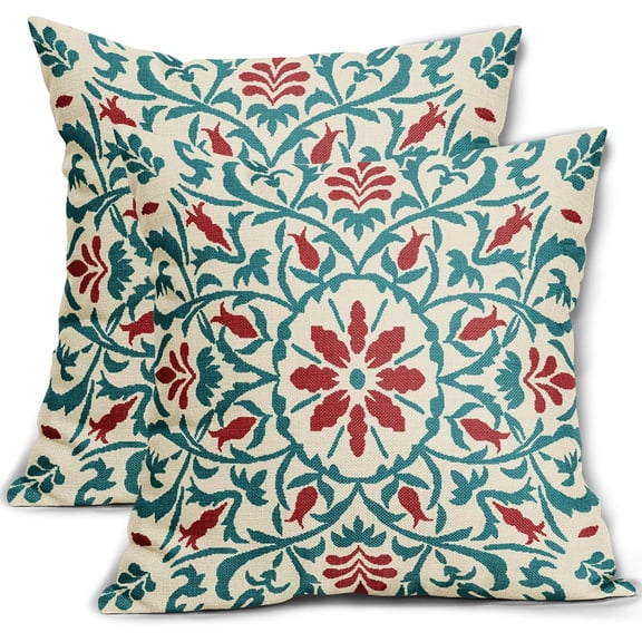 Teal Red Boho Pillow Covers 18 X Inch Bohemian Ethnic Carpet Style Vintage Flower Print Decorative Throw Pillows Outdoor Linen Square Cushion Case Farmhouse Decor for Home Sofa Bed Set of 2