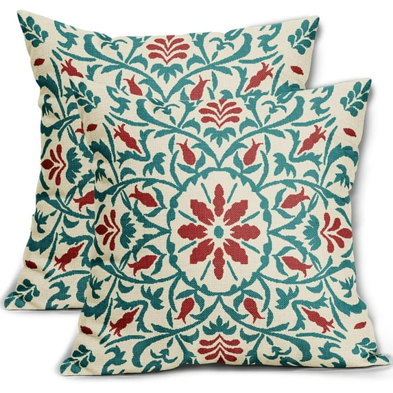 Teal Red Boho Pillow Covers 20 X Inch Bohemian Ethnic Carpet Style Vintage Flower Print Decorative Throw Pillows Outdoor Linen Square Cushion Case Farmhouse Decor for Home Sofa Bed Set of 2