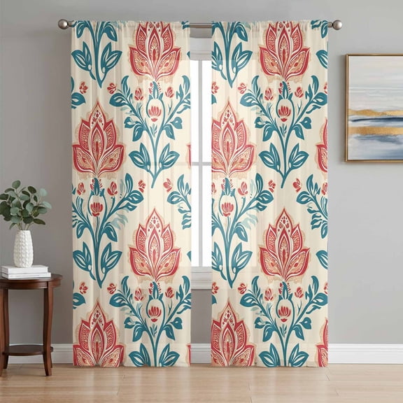 Teal Red Botanical Sheer Curtains 63 Inch Length 2 Panels Set, Vintage Watercolor Flower Plant Voile Window Treatment Rod Pocket Curtains Sheers Drapes for Bedroom/Living Room/Kitchen 52x"63"x2