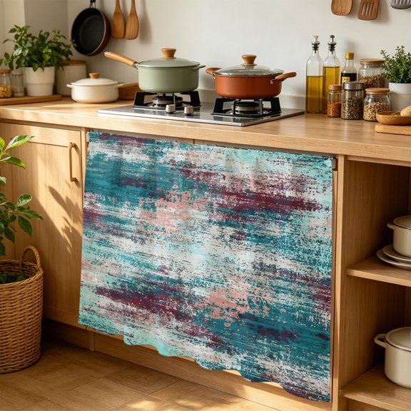 Teal Red Cabinet Curtains for Kitchen 35"W x 35"L, Abstract Smoky Texture Distressed Mottled Ink Art Laundry Sink Cabinets Magic Tape Short Curtain Privacy Panel for Bathroom Vanity Cabinets