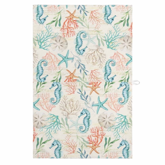 Teal Red Coastal 1 Pack Kitchen Towel, Water Absorbent Dish Towel, Nautical Seahorse Beach Coral Starfish Retro Decorative Hand Towels - Quick Drying Cloth for Cooking Baking, 18x28 Inch