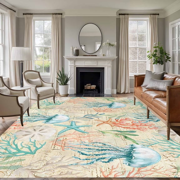 Teal Red Coastal 5'x8' Area Rug for Living Room, Jellyfish Nautical Beach Coral Starfish Washable Non-Slip Rugs for Bedroom Nursery Dining Room, Low-Pile Kitchen Carpet Large Entryway Rugs