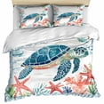 thumbnail image 1 of Teal Red Coastal Bedding 3 Piece Duvet Cover Set Queen Size, Summer Beach Turtle Starfish Nautical Soft Microfiber Comforter Cover with Zipper Closure & Pillowcases, FadeResistant Quilt Cover, 1 of 9
