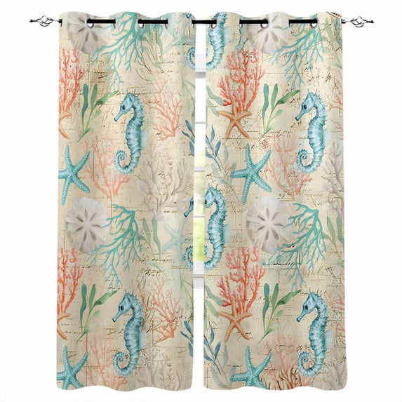 Teal Red Coastal Blackout Curtains for Bedroom - 84 Inch Long Light Blocking 2 Panels Set, Nautical Seahorse Beach Coral Starfish Beige Thermal Living Room Drapes Grommet Window Curtains 52"x84"