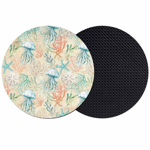 Teal Red Coastal Coasters Set of 2, Absorbent Coasters for Drinks, Jellyfish Nautical Beach Coral Starfish Coaster for Desk Coffee Table Protection, Home Decor House Warming Gifts 4"
