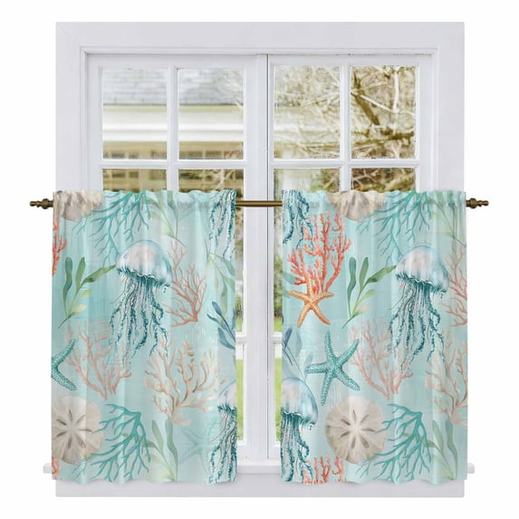 Teal Red Coastal Jellyfish Kitchen Curtain for Berdoom Living Room Cafe 54 Inch Length, Summer Nautical Beach Coral Starfish Tiers Curtains Light Filtering Drapes Window Treatment 2 Panels 52"Wx54"L