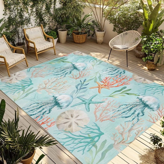 Teal Red Coastal Jellyfish Outdoor Rug 3x5 Ft - Reversible Patio Rug Outdoor Camping Rugs, Summer Nautical Beach Coral Starfish Indoor Outdoor Area Rugs, Non-Slip Outdoor Carpet Runner for Deck/Porch