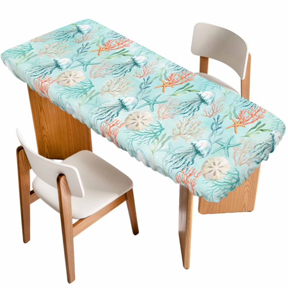 Teal Red Coastal Jellyfish Table Cloths for 8 Foot Rectangle Tables, Summer Nautical Beach Coral Starfish Patio Waterproof Elastic Fitted Tablecloths, Washable Rectangular Table Cover for Camping
