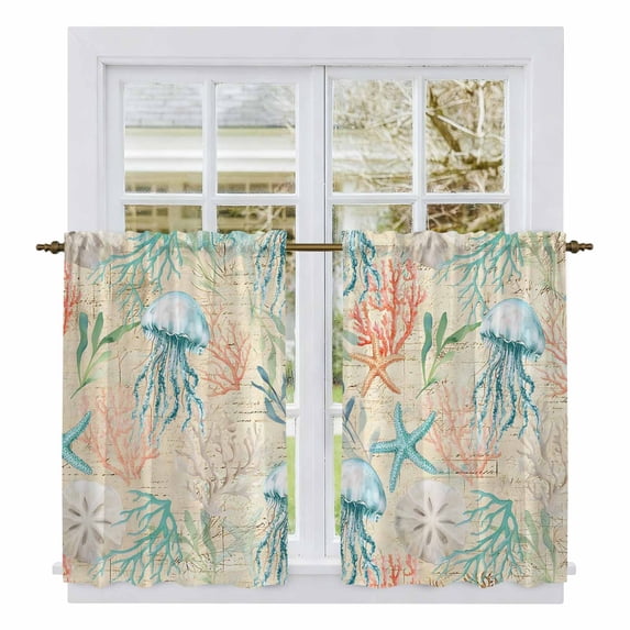 Teal Red Coastal Kitchen Curtains 54 Inch Length, Jellyfish Nautical Beach Coral Starfish Tiers Curtains for Bathroom Bedroom Cafe, Light Filtering Small Window Treatment Drapes 2 Panels 42"Wx54"L